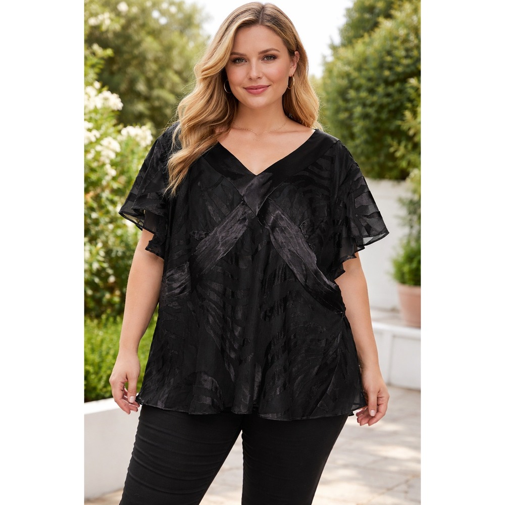 SL Fashions Woman Black Zebra Burnout V-Neck Evening Blouse Plus Size 22W Whimsy